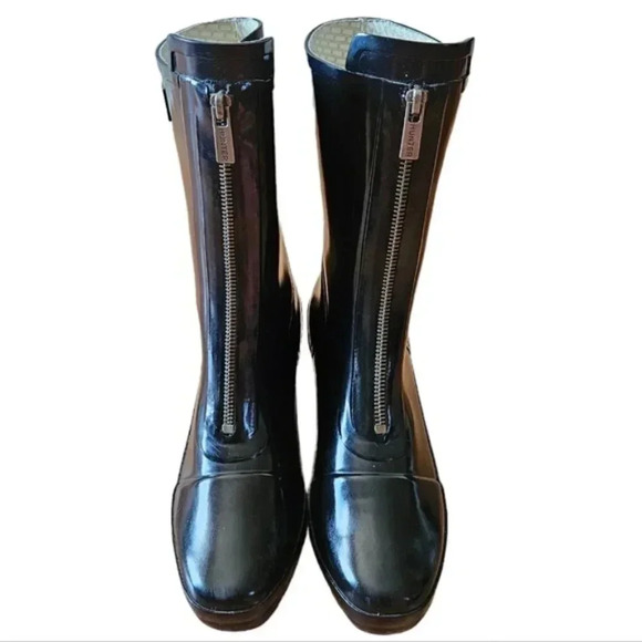 Hunter Mid Calf Gloss Zipper Wedge Waterproof Rain Boots Black Size 7. - Picture 2 of 12